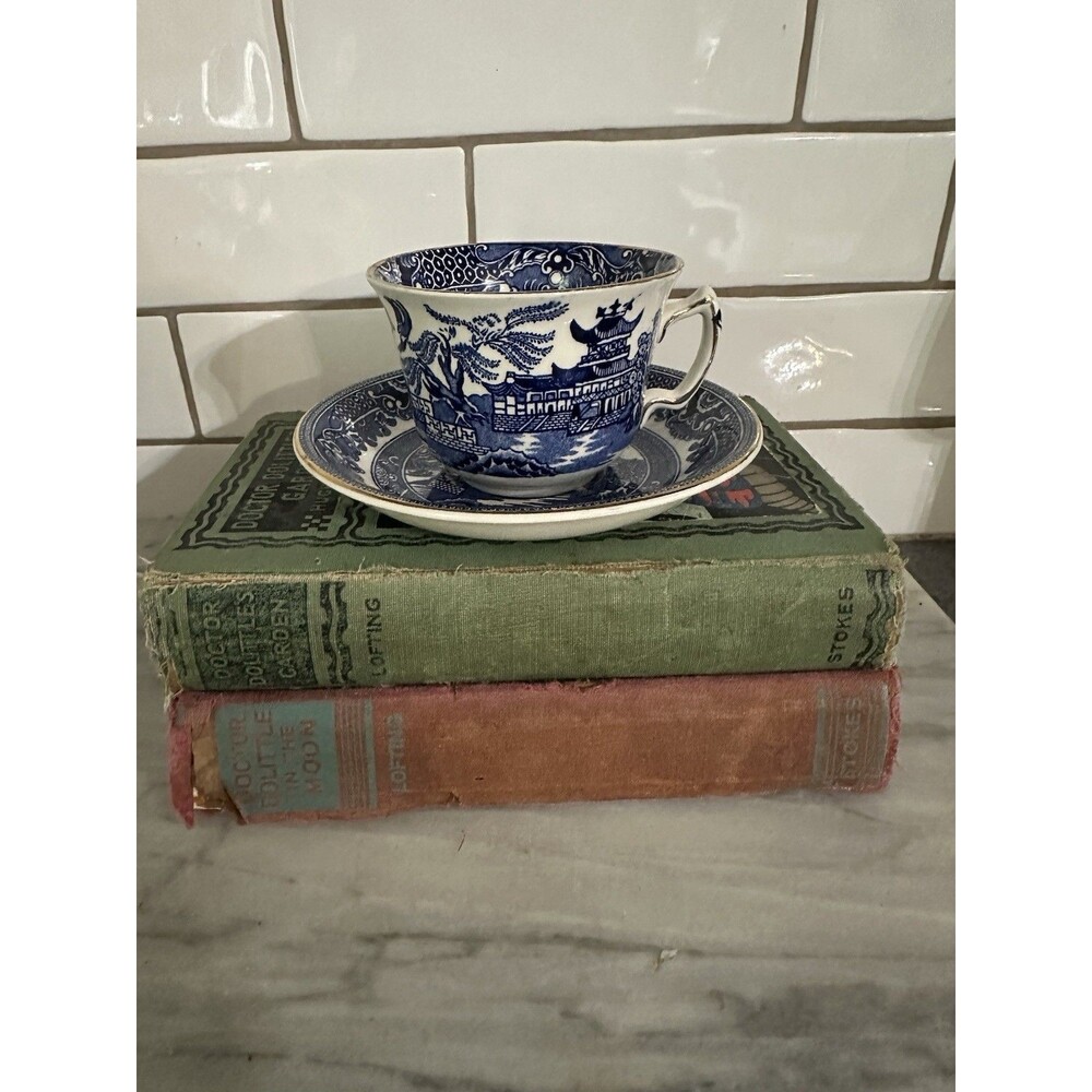 Vintage Burleigh Ware Blue Willow Coffee Tea Cup Saucer Made in England Gilt